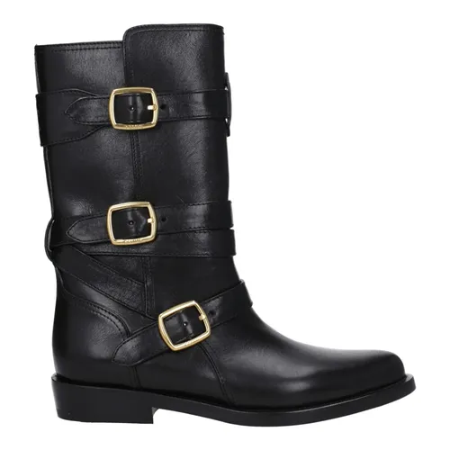Black Leather Flat Boots Vintage Style - Celine - Modalova