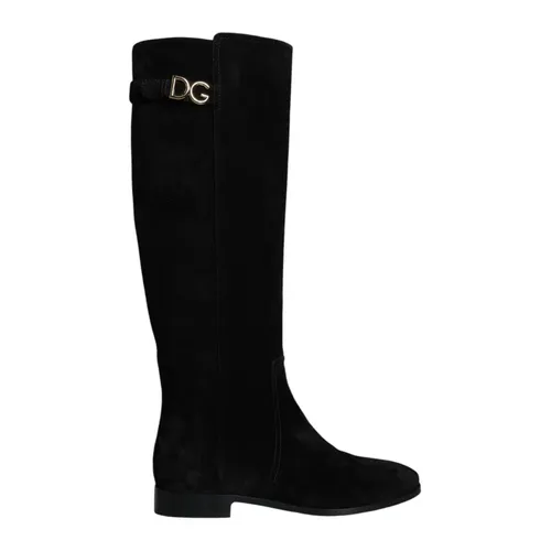 Black Suede Knee High Flat Boots - Dolce & Gabbana - Modalova