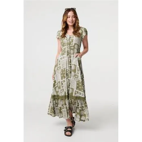 Printed V-Neck Cap Sleeve Maxi Dress women's Long Dress in - Izabel London - Modalova
